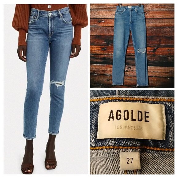 Agolde Denim - Agolde Jeans Size 27 Nico Ankle Crop High Rise Button Fly Distressed Blue Denim